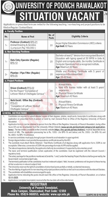 University of Poonch Rawalakot 2025 Jobs