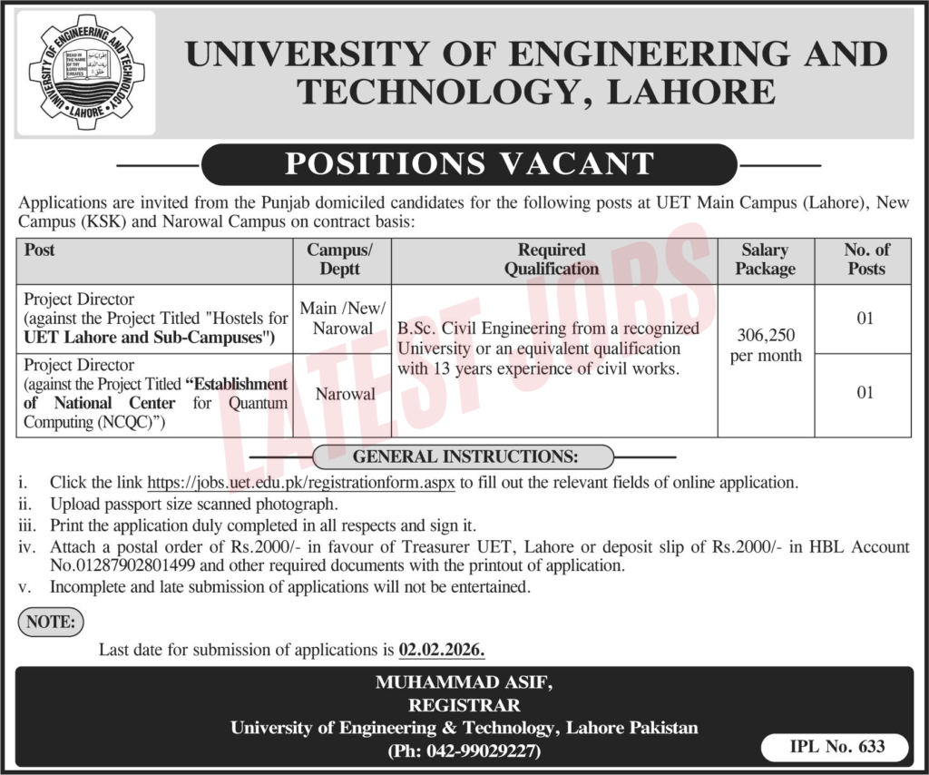 UET Lahore Jobs 2026