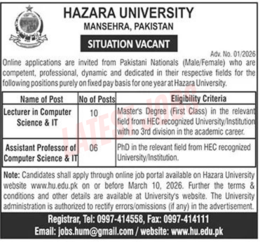 Hazara University Mansehra Jobs 2026