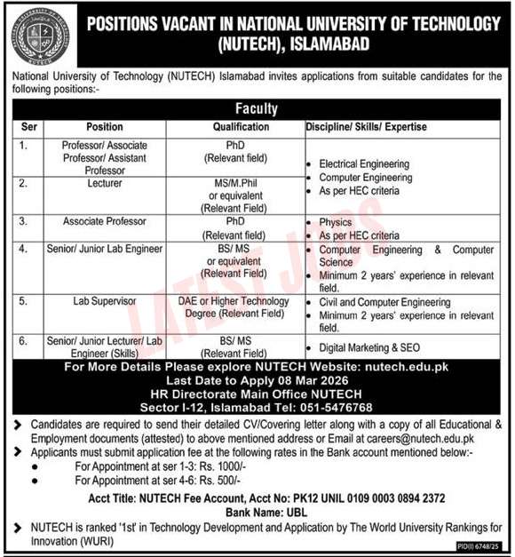 NUTECH Islamabad Jobs 2026