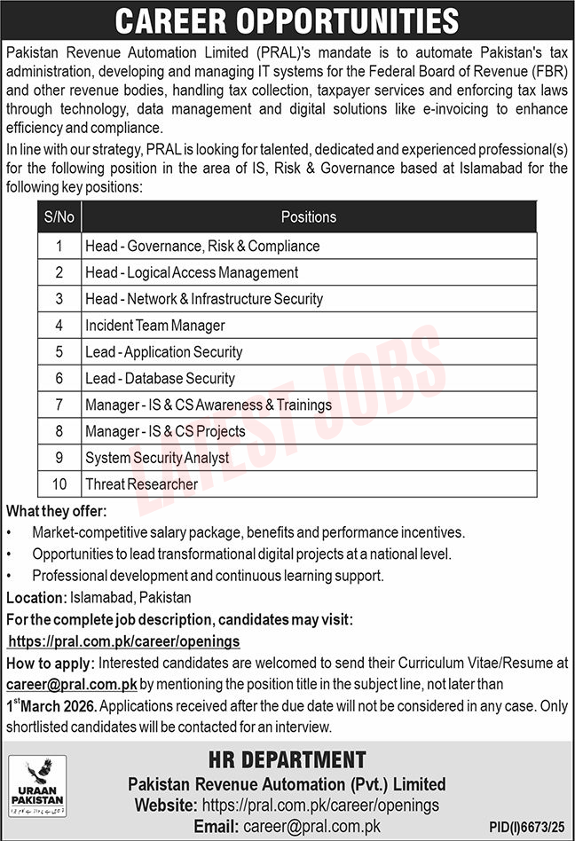 Pakistan Revenue Automation Pvt. Ltd Jobs 2026
