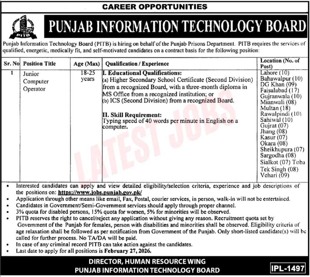 Punjab Information Technology Board Jobs 2026 