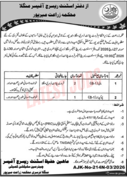 Agriculture Department Mirpur AJK Jobs 2026
